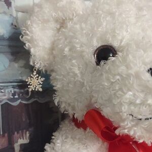 White Crystal Snowflake Earrings on White Tucker Teddy Bear